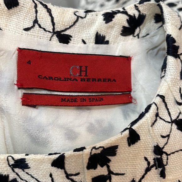 Carolina Herrera ivory tweed navy embroidered sheath midi dress size 4 - Picture 7 of 16